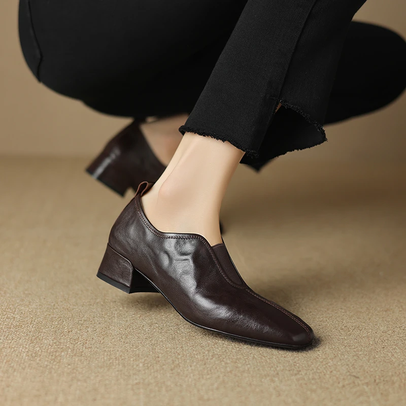 半坊手工女鞋|34-41|3.5cm|春秋新款真皮粗跟透气方头羊皮单鞋女