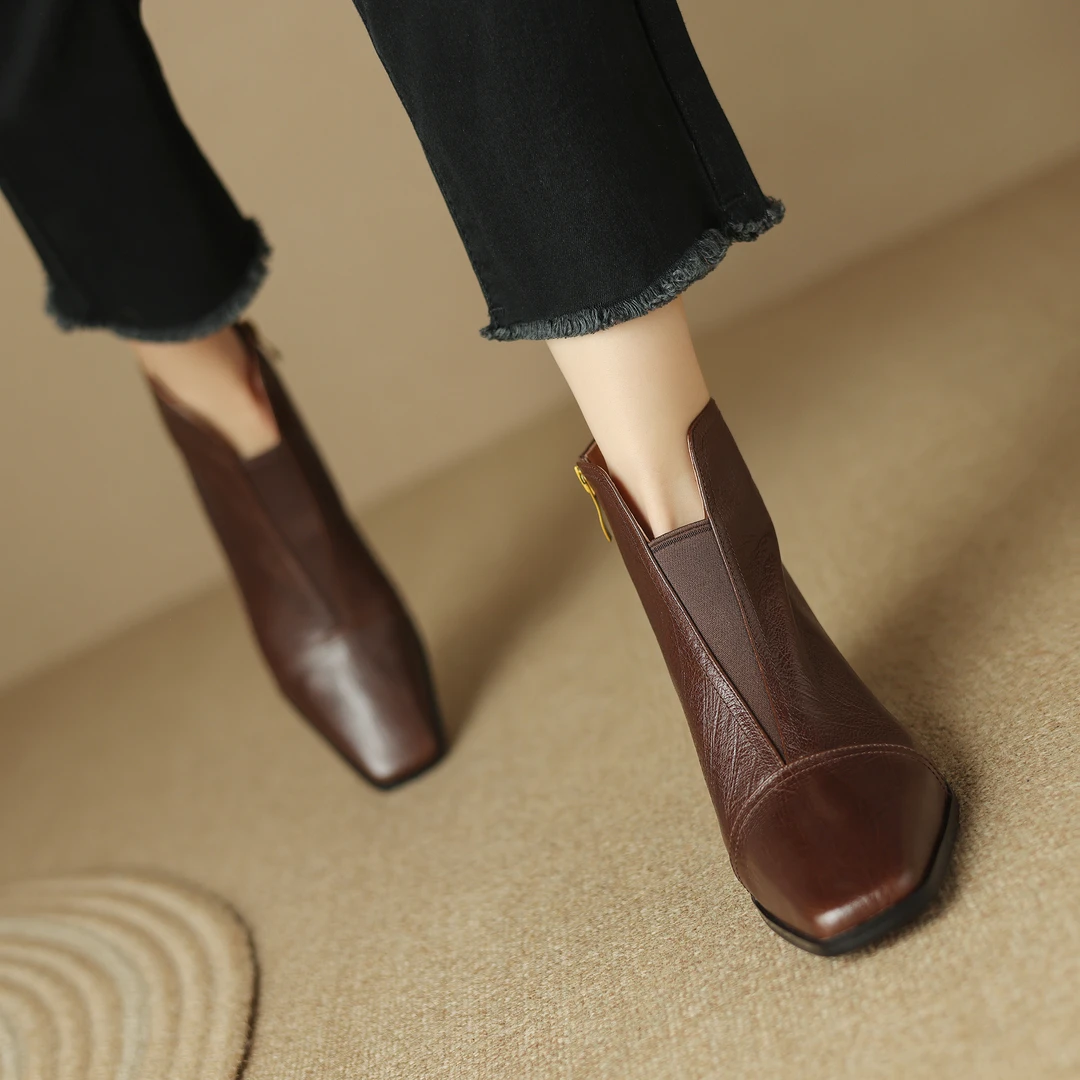 ReneChristine|34-41码|4cm|真皮复古英伦方头秋冬百搭粗跟短