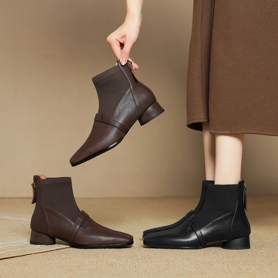 半坊手工女鞋|34-40|3.0cm|方头荔枝纹法式复古后拉链真皮短靴女
