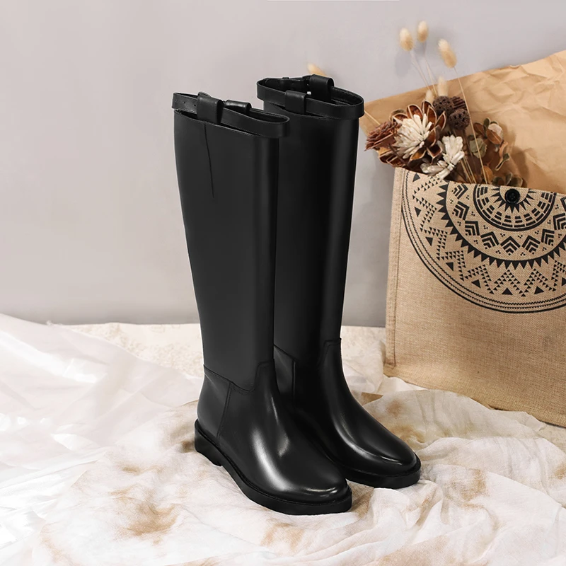 半坊手工女鞋|34-40码|2.5cm|法式圆头真皮复古后拉链显瘦长靴女