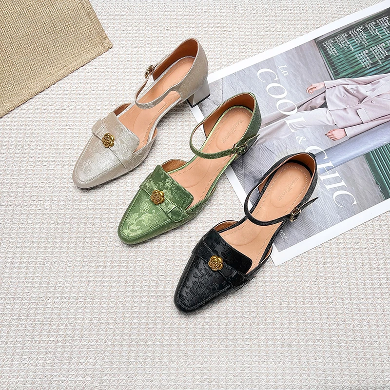 半坊手工女鞋|34-40|4.5cm|小方头金属山茶花中空一字带粗跟凉鞋