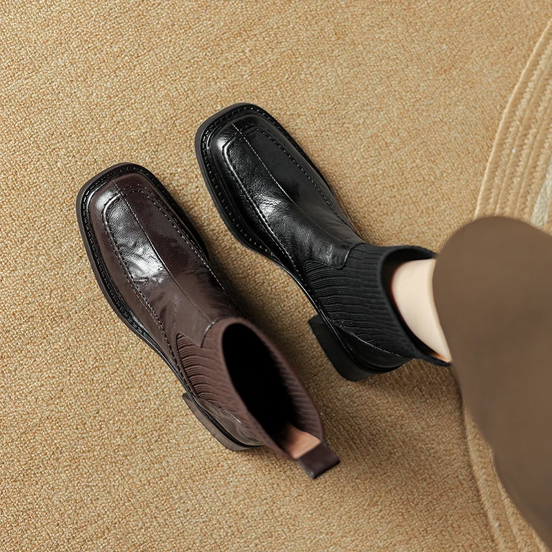 回弹气垫底|34-39码|5.5cm|秋冬复古真皮法式方头粗跟手抓纹短靴