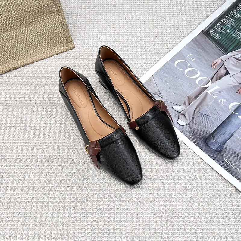 半坊手工女鞋|34-39|3.0cm|法式复古浅口拼色真皮粗跟一脚蹬单鞋