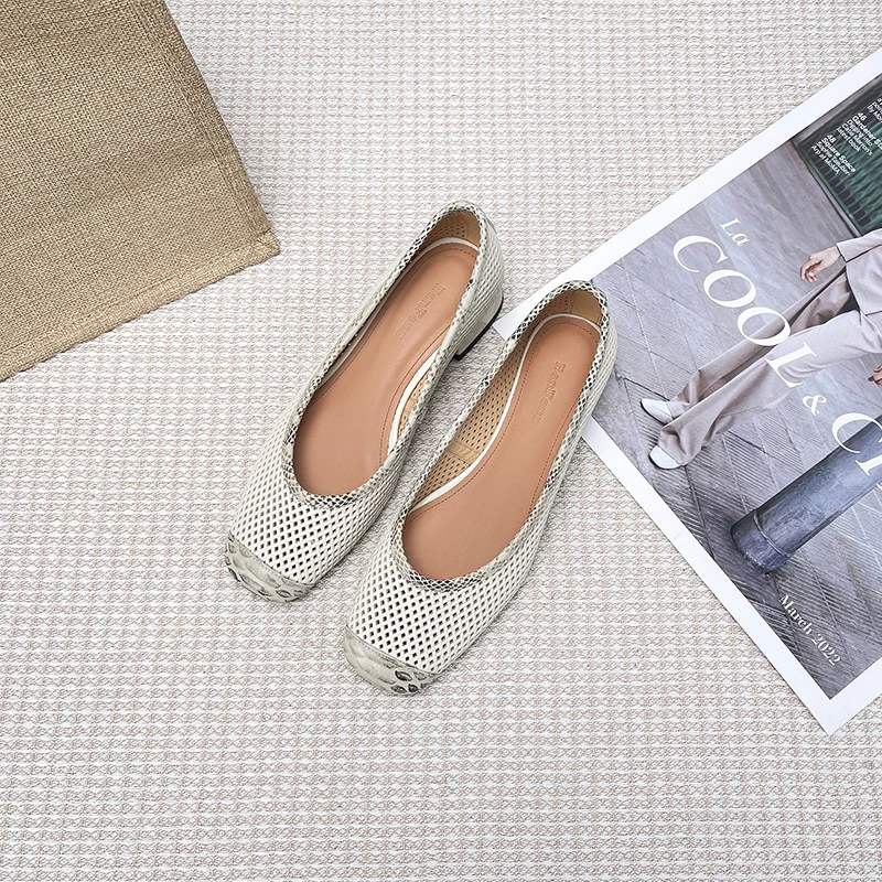 半坊手工女鞋|34-39|2.5cm|法式拼色蛇纹方头浅口镂空真皮单鞋女