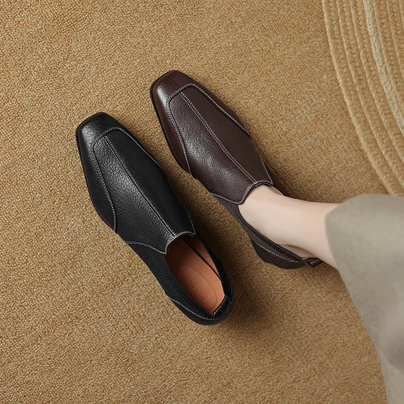 半坊手工女鞋|34-40|3.0cm|法式复古真皮方头深口弹力粗跟单鞋女