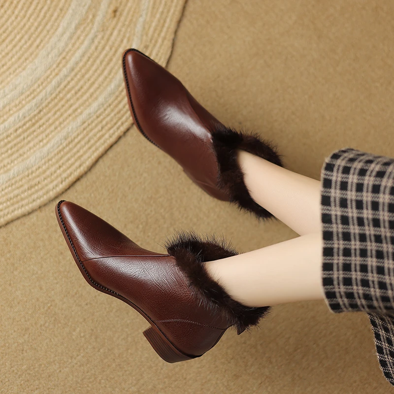 半坊手工女鞋/34-40/4.0cm/尖头粗跟真皮后拉链显瘦增高秋冬短靴