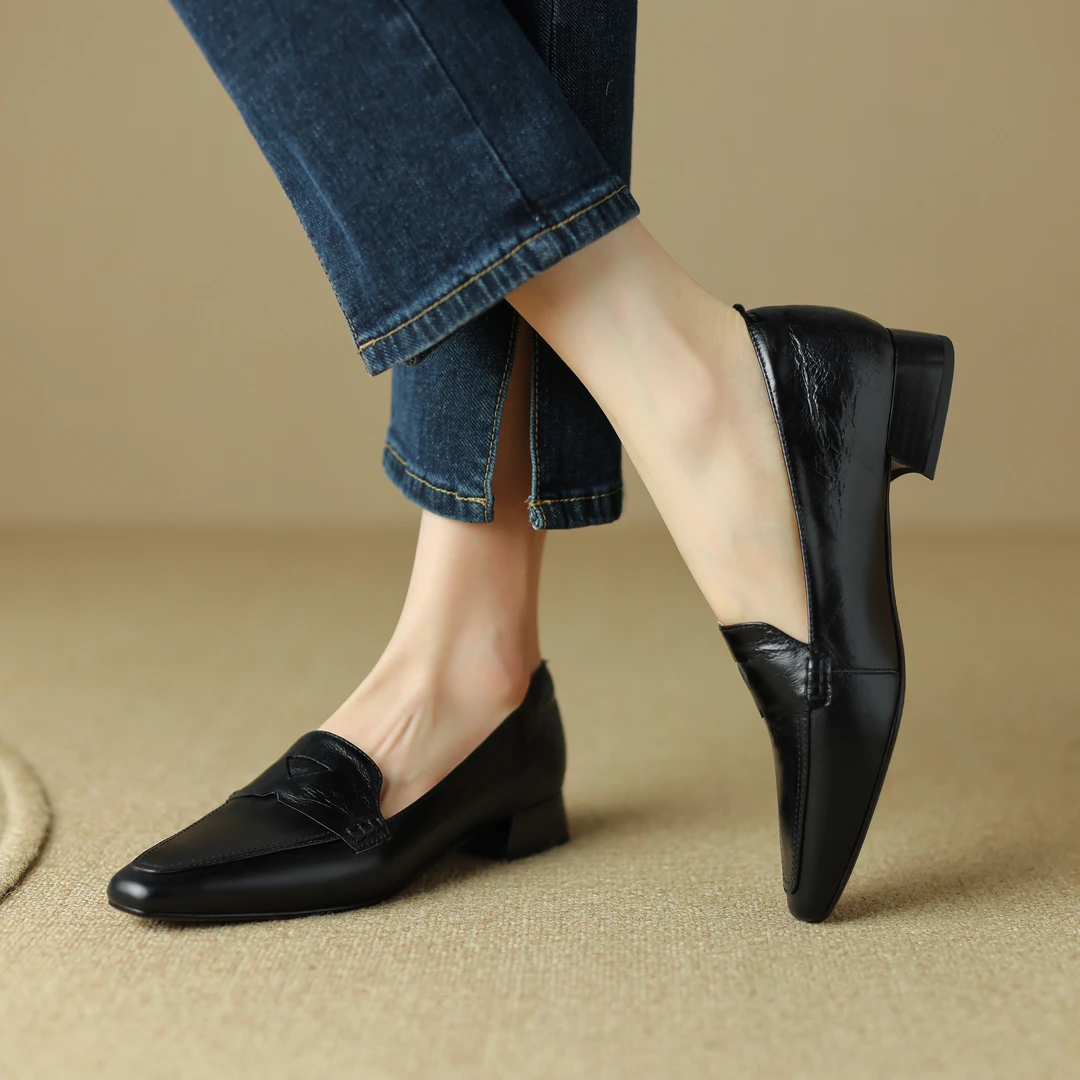 半坊手工女鞋|34-40码|3cm跟|夏季新款粗跟方头复古真皮单鞋女