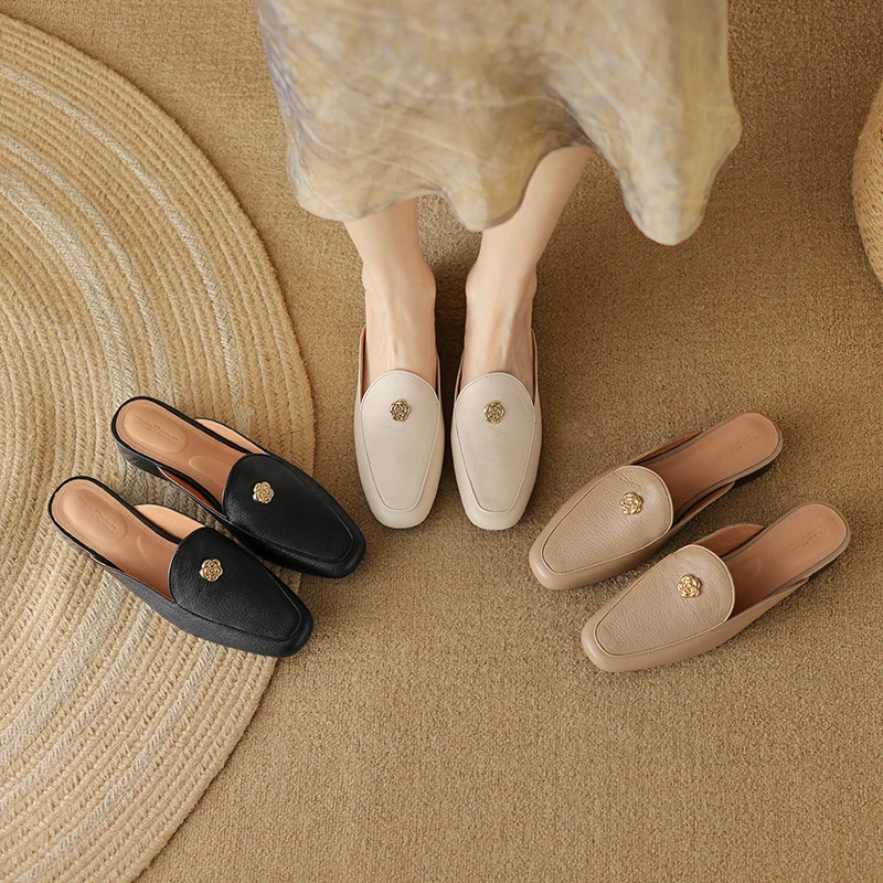 半坊手工女鞋|34-40|2.7cm|法式复古山茶花软面真皮粗跟包头拖鞋