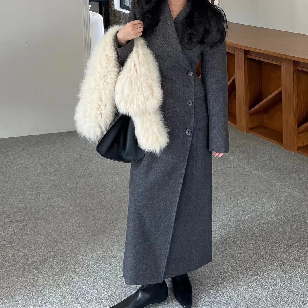 深灰色呢子大衣女秋冬新款复古高级感宽松显瘦气质长款毛呢外套