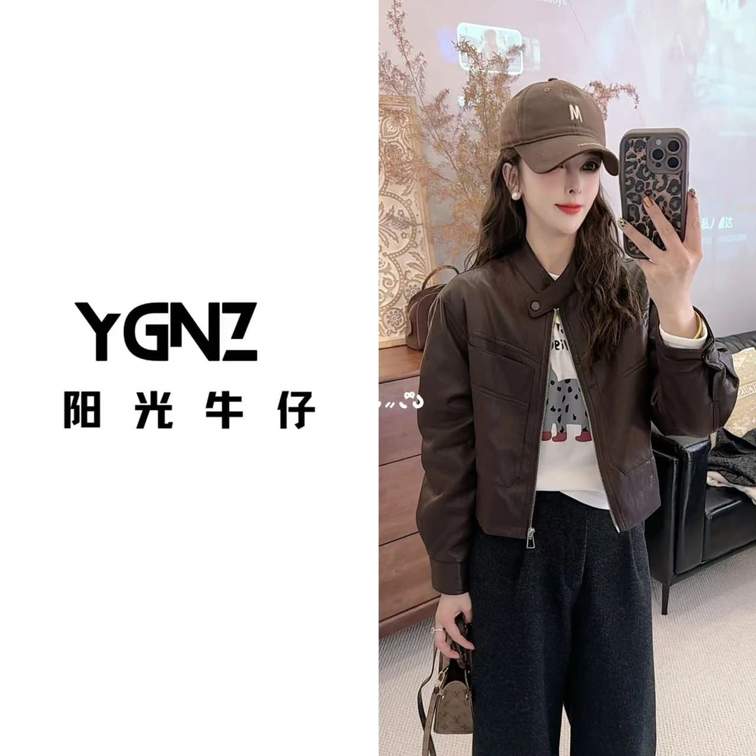 【阳光牛仔】“西西里岛”短款立领韩气羽绒短款立领皮衣