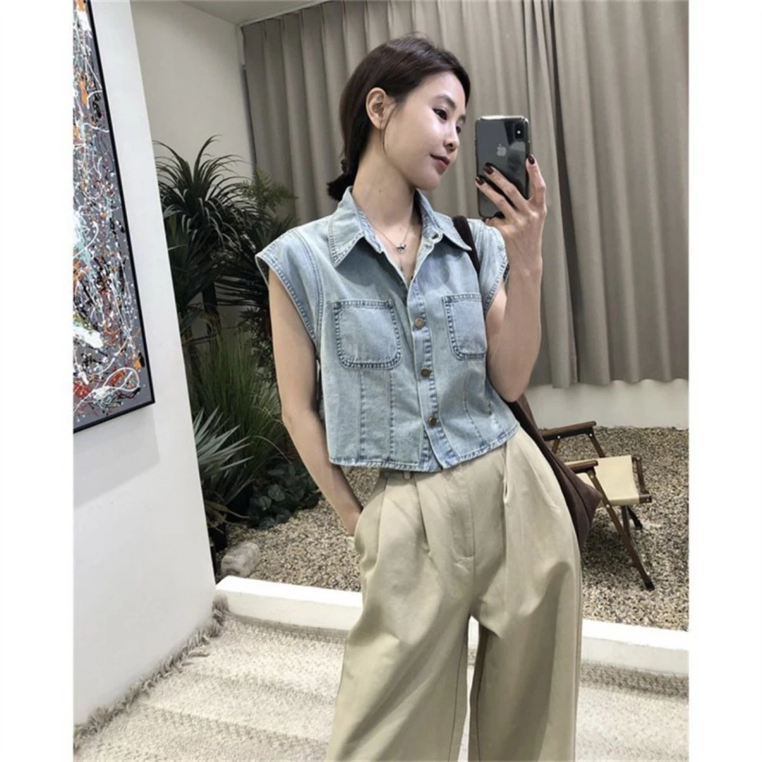 新款夏季复古翻领飞飞袖显瘦浅蓝色短款牛仔背心马甲上衣衬衫外套