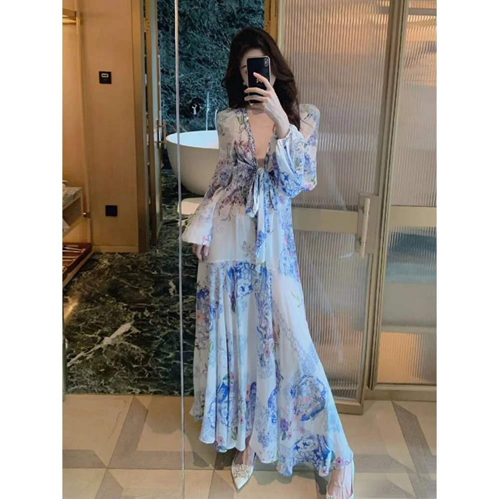 私人订制 胖mm法式御姐V领印花度假裙女夏纯欲收腰A字裙