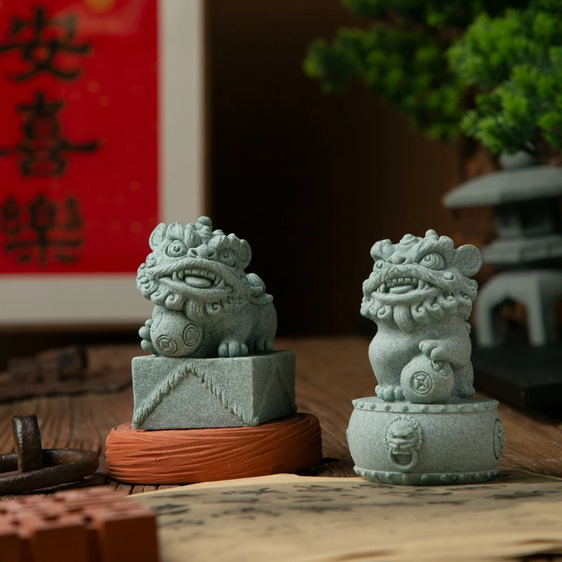 国潮风醒狮青砂石茶宠小摆件鱼缸造景装饰创意石狮子瑞兽可爱复古