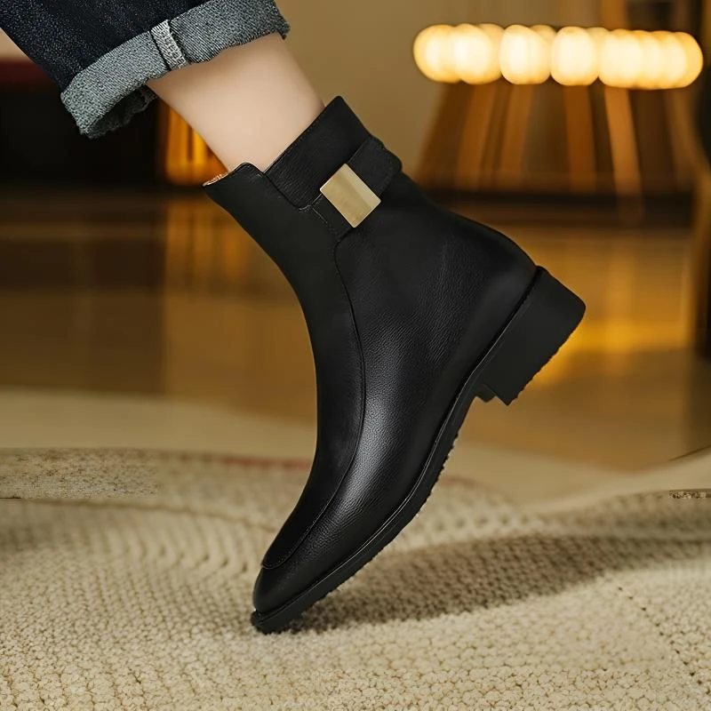 【跟高3公分】【尺码34-41】新款黑色方头时尚百搭粗跟女切尔西靴短筒