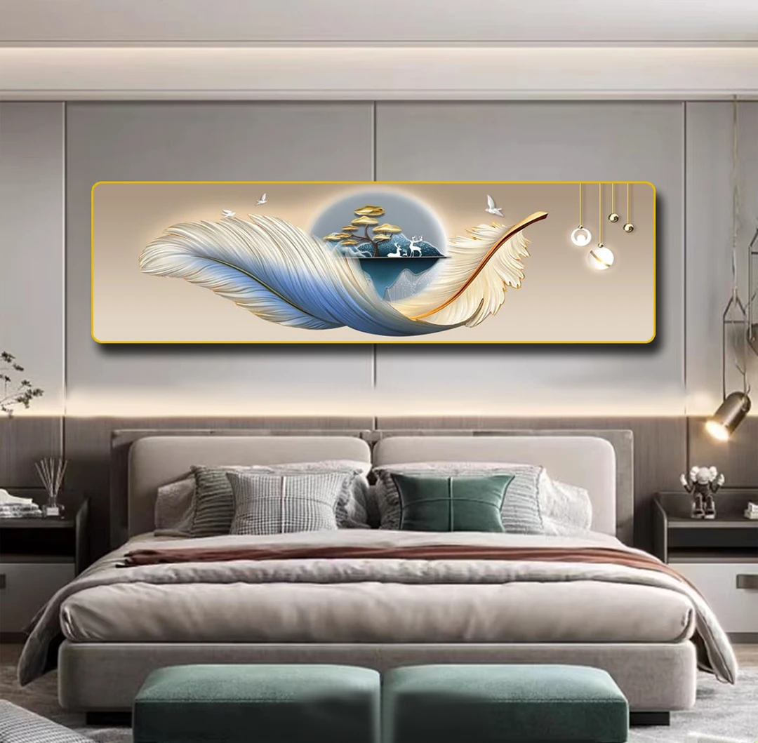 艺潮V71镶钻金羽福禄卧室装饰画现代简约床头挂画房间羽毛艺术JL