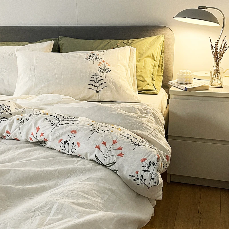 简约日式风床上四件套纯棉全棉裸睡小清新白色床单被套北欧风床品