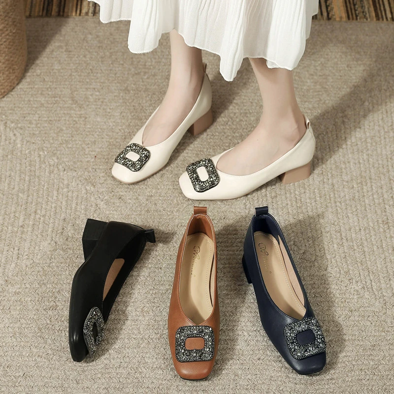 春秋款方头粗跟懒人浅口低跟软底百搭舒适气质单鞋温柔复古奶奶鞋