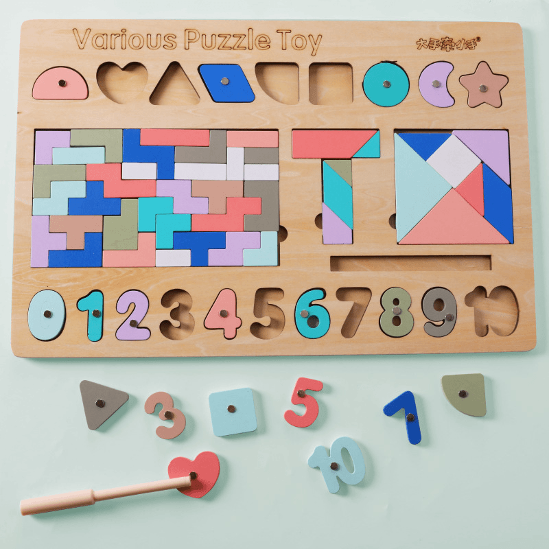 木丸子儿童木制五合一益智拼图拼版儿童玩具数字认知配对早教玩具