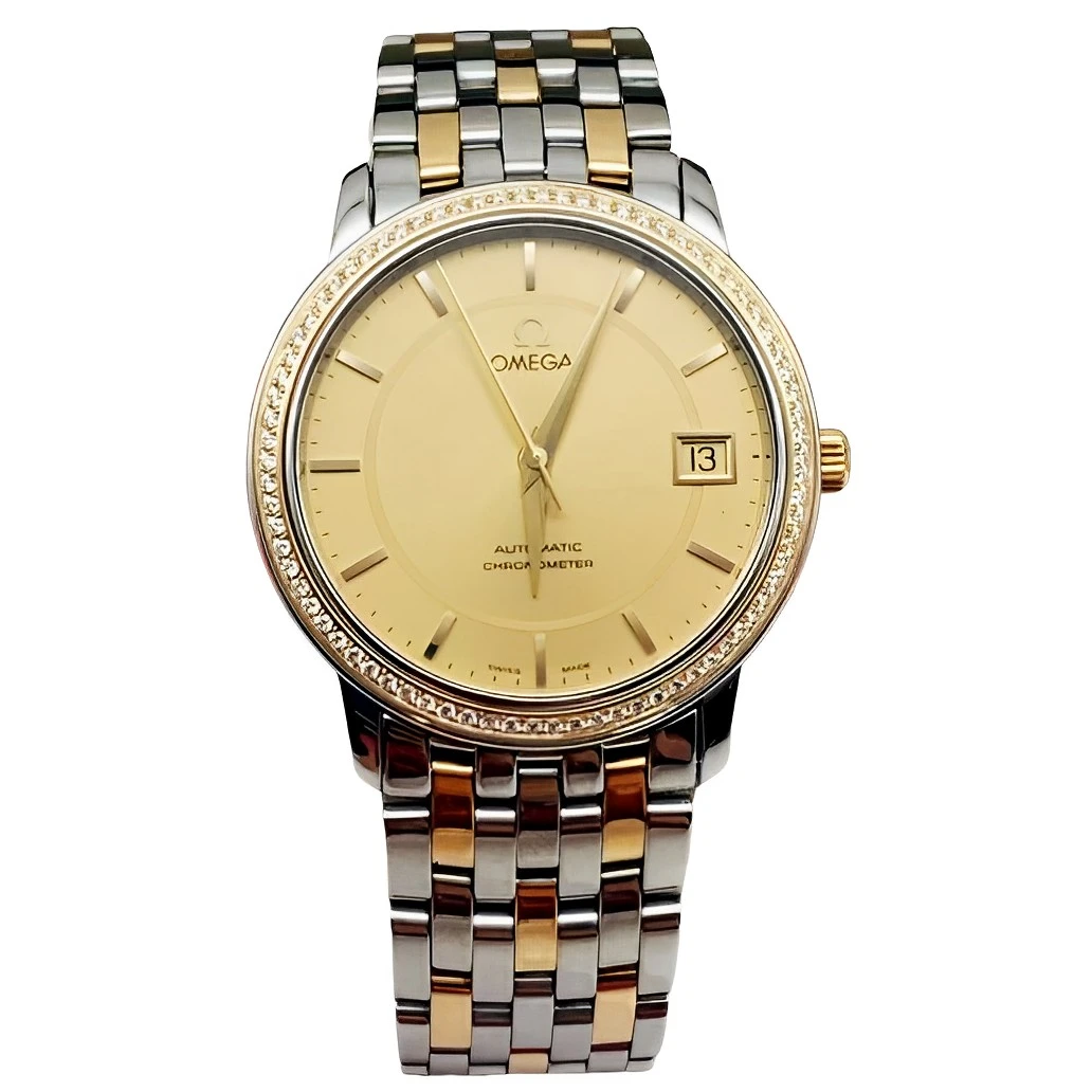 95新 Omega/欧米茄 34.5mm碟飞后镶钻18K间金自动机械中性表