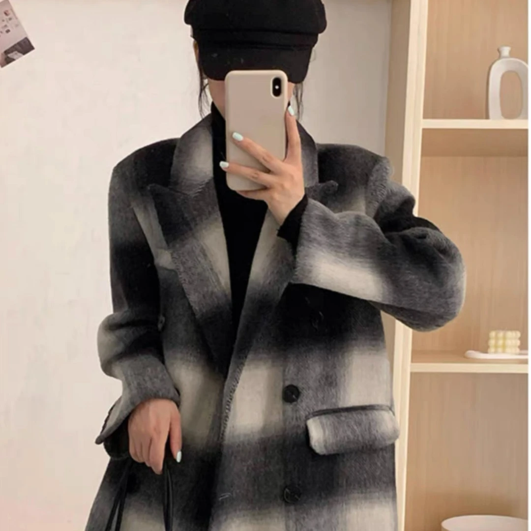 【边界感】秋冬新款西装外套双面呢羊毛大衣气质格子百搭毛呢外套女