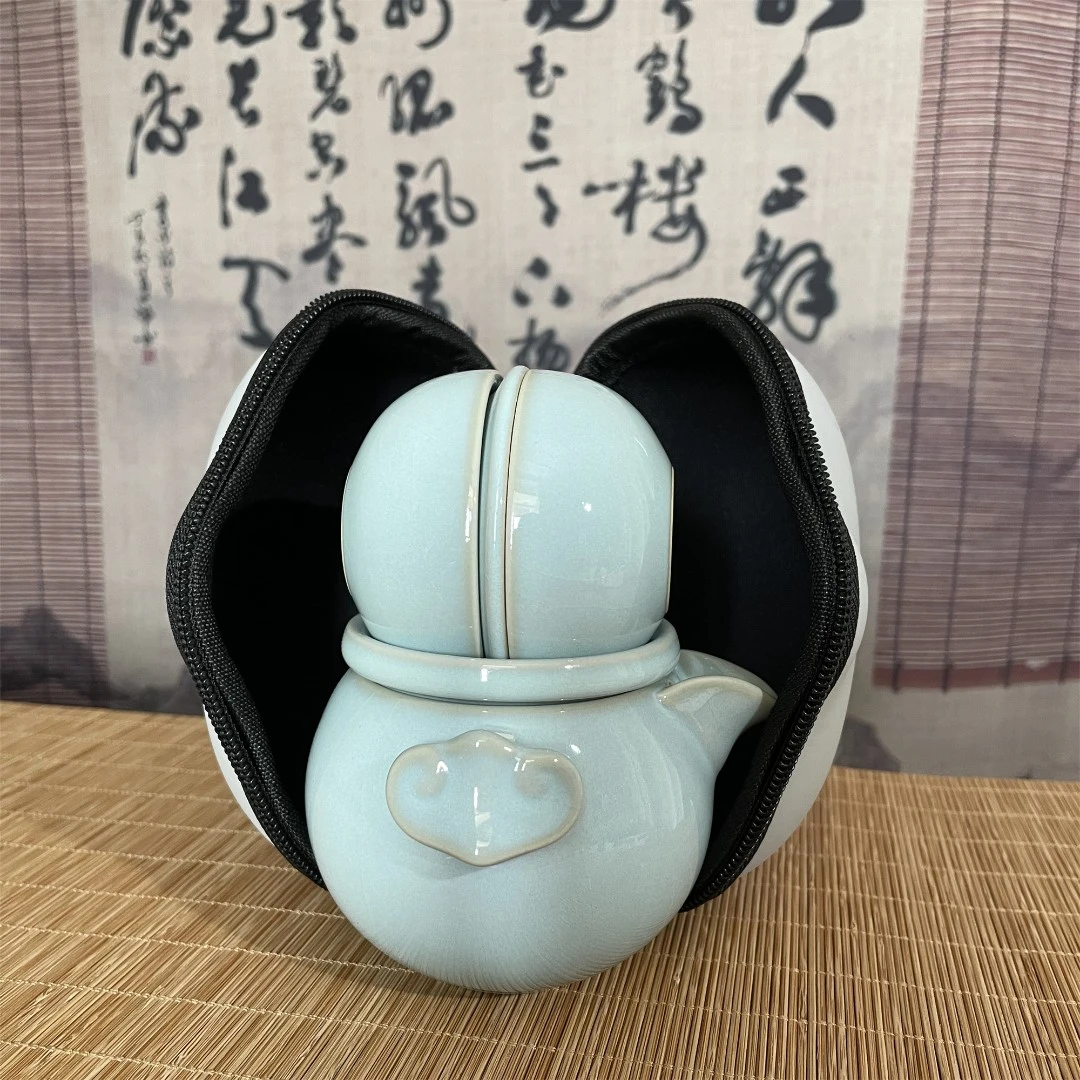 【旅行快客茶具】天青釉一壶二杯汝州原矿便携上班族单人茶具
