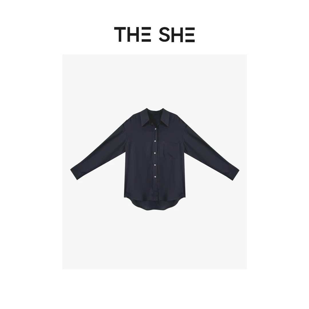 【LI·LI】『黑藏青色排扣衬衫』时尚休闲长袖衬衫