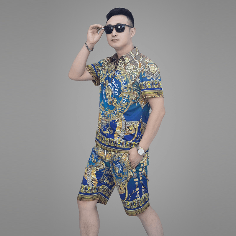 夏季新款欧货透气潮流时尚男装个性百搭休闲男士套装上衣网红