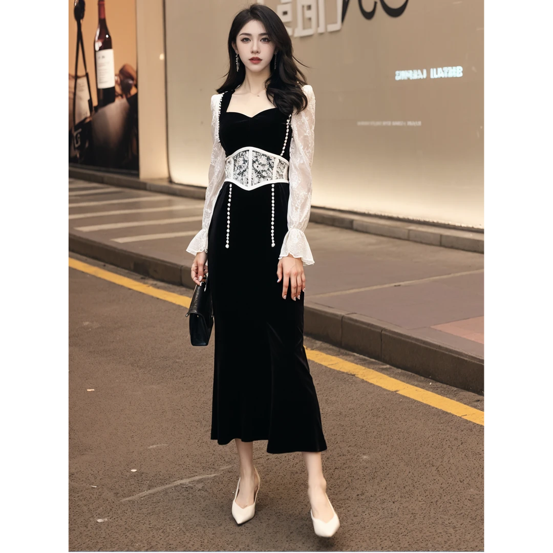 2025春季装新款女装轻熟风气质拼接收腰鱼尾连衣裙15325