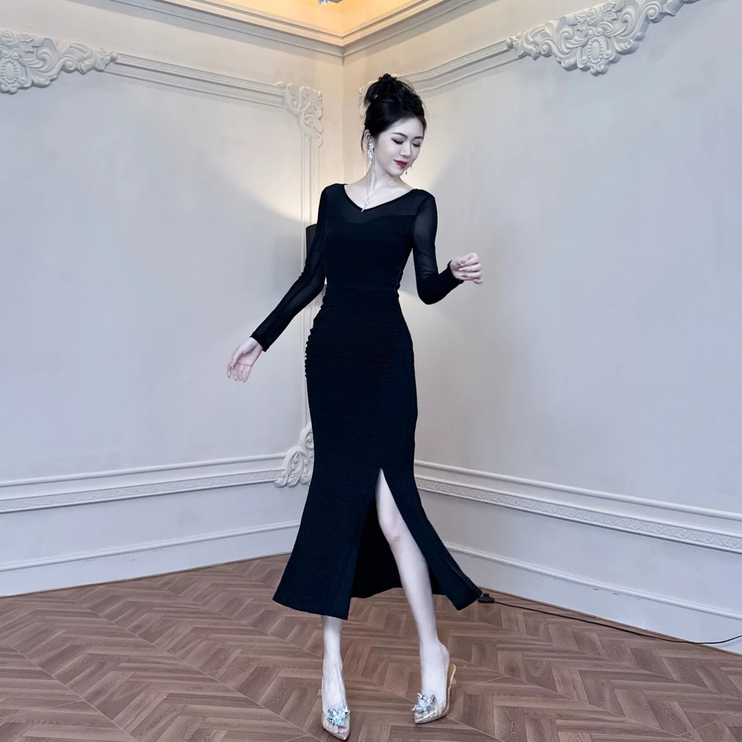 2024春装新款性感透视网纱鱼尾连衣裙修身轻熟名媛长款礼服裙4589