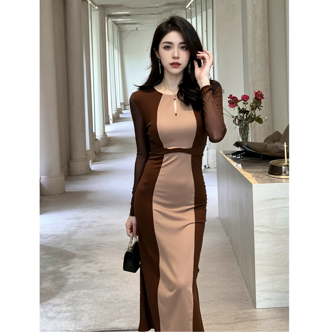 【法式拿铁】秋冬时尚气质修身性感名收腰复古女神显瘦连衣裙 20735