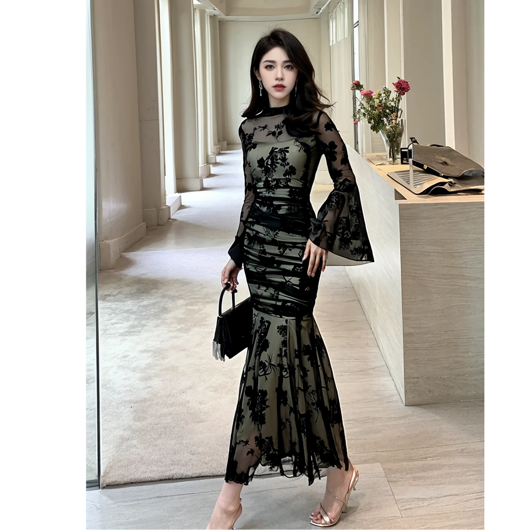 2024秋装新款法式性感织绒印花修身喇叭袖网纱鱼尾连衣裙女20743