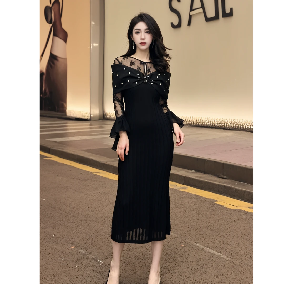 连衣裙气质长袖黑色法式长款名媛显瘦气质长袖黑色法式长款 51130