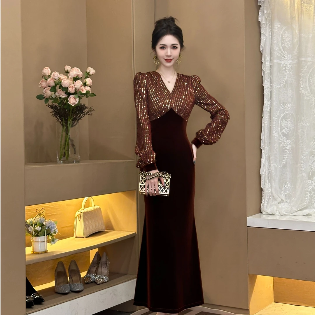 【铁锈红】秋冬新款复古高贵轻奢修身收腰包臀鱼尾连衣裙 21042