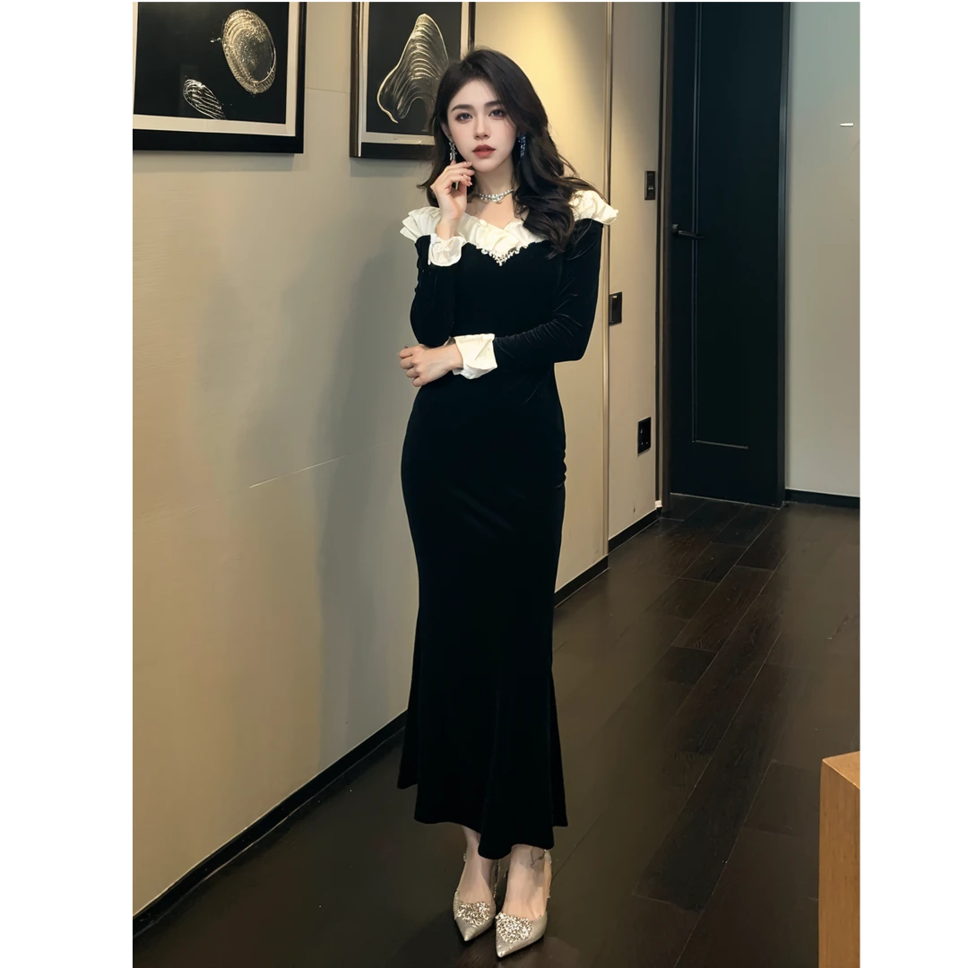 修身长裙连衣裙气质长袖黑色长款晚礼服名媛修身长裙气质 91685