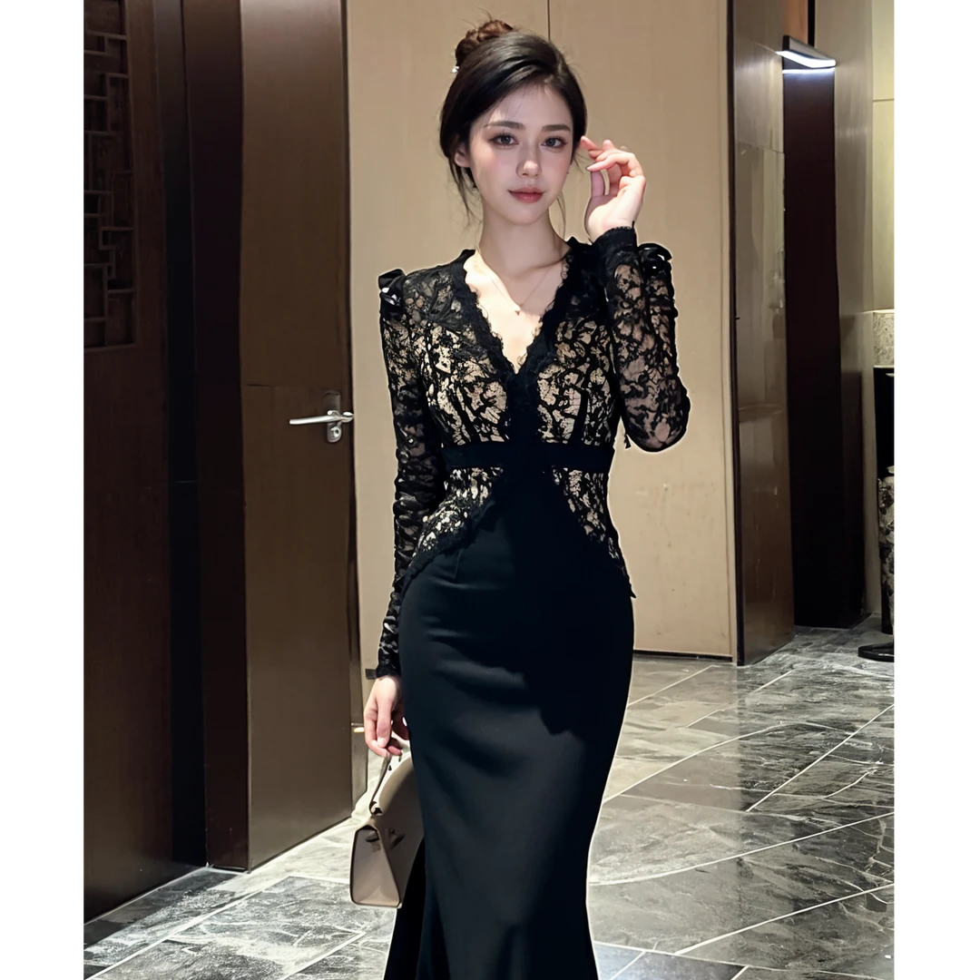 【黑糖威士忌】法式V领蕾丝复古修身气质收腰包臀鱼尾连衣裙 20698