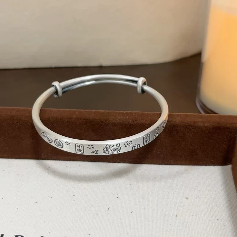 足银手镯 足银999复古吉言银手镯实心可调节【平安喜乐】