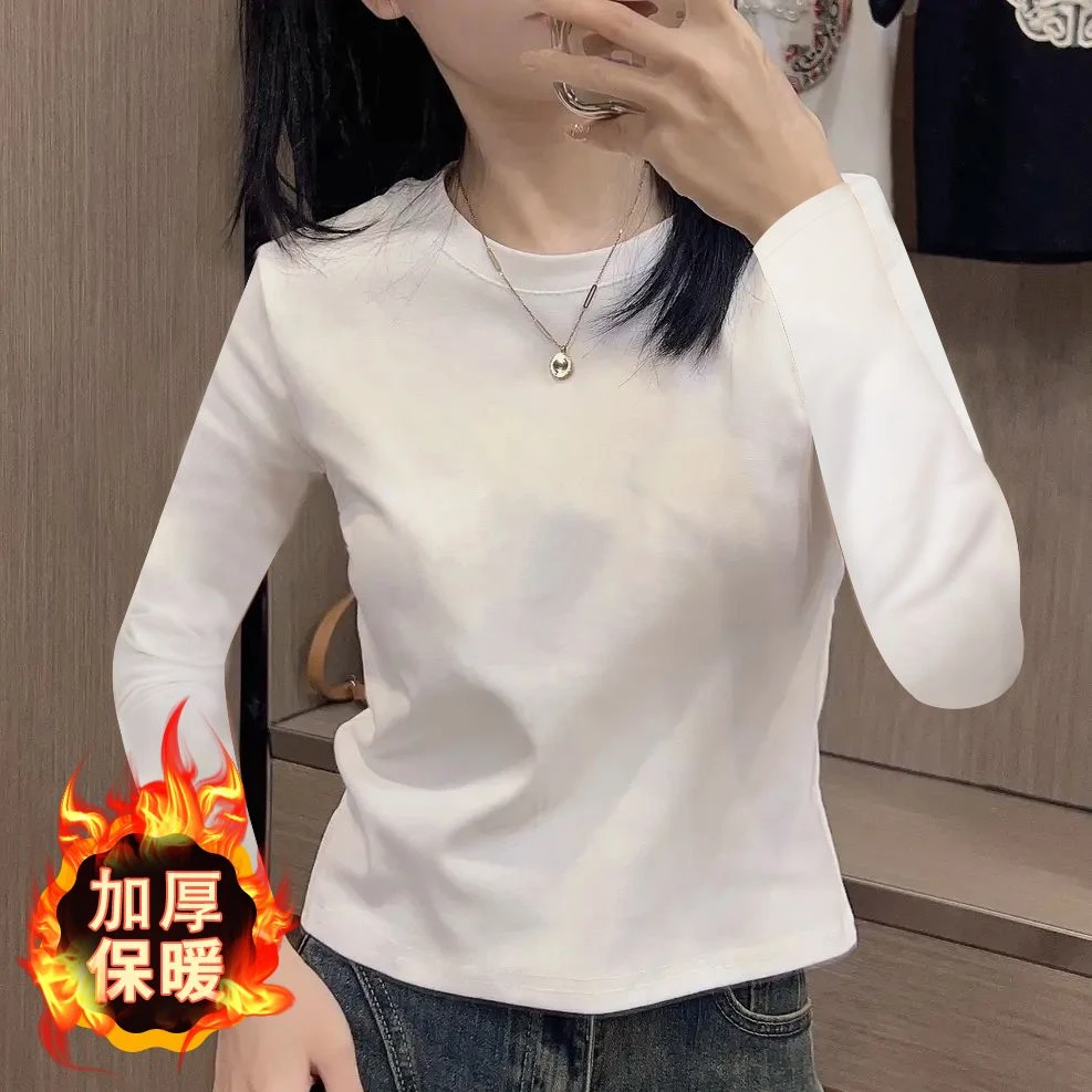 纯棉修身长袖T恤女短款小个子遮肉百搭秋冬新款保暖圆领打底衫潮