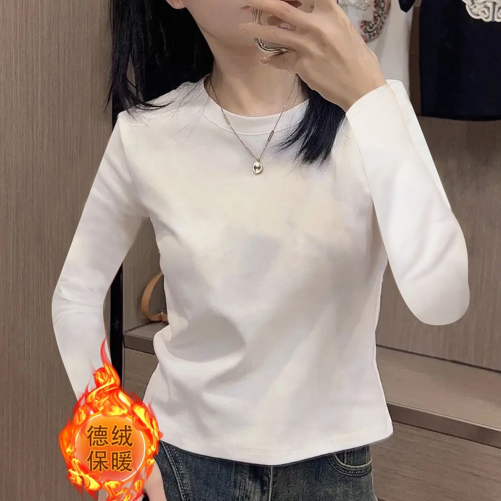 秋冬保暖新款双面德绒长袖t恤女短款小个子遮肉百搭修身纯色上衣