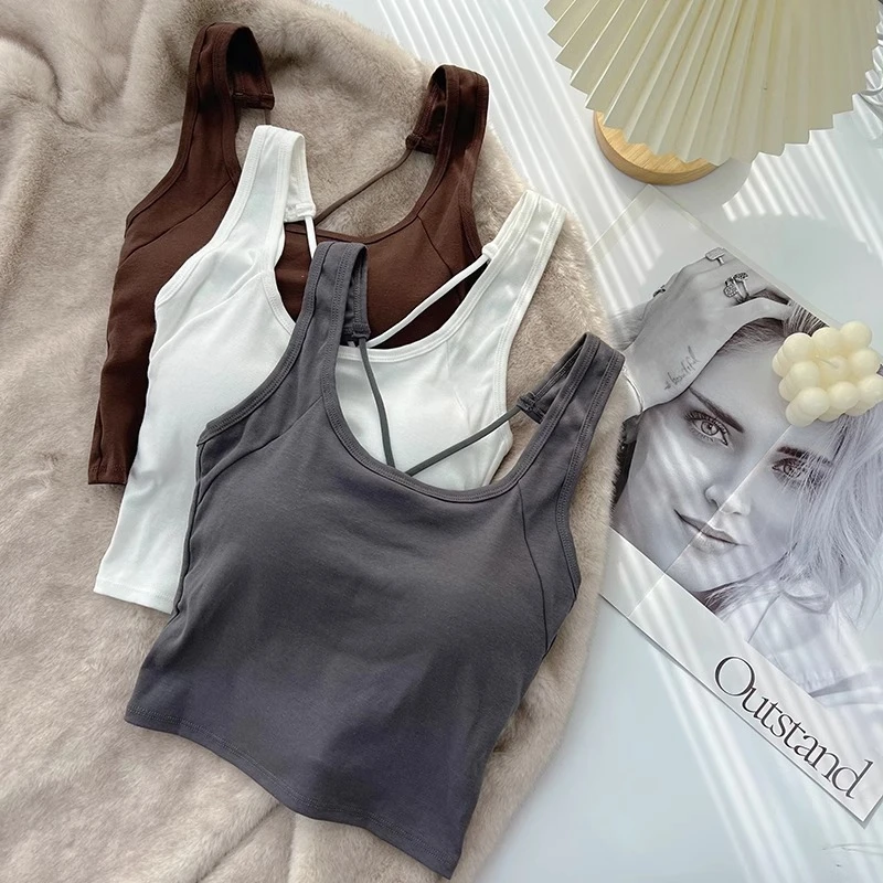 韩版交叉美背带胸垫吊带背心女短款小个子露背内搭甜辣瑜伽上衣潮