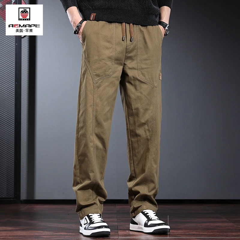 苹果纯棉直筒休闲裤子男春秋季美式宽松阔腿工装裤微锥男士长裤子
