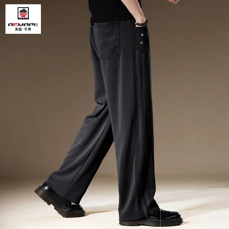 新款美式垂感阔腿休闲裤男秋冬季加绒加厚侧条纹宽松运动直筒裤子