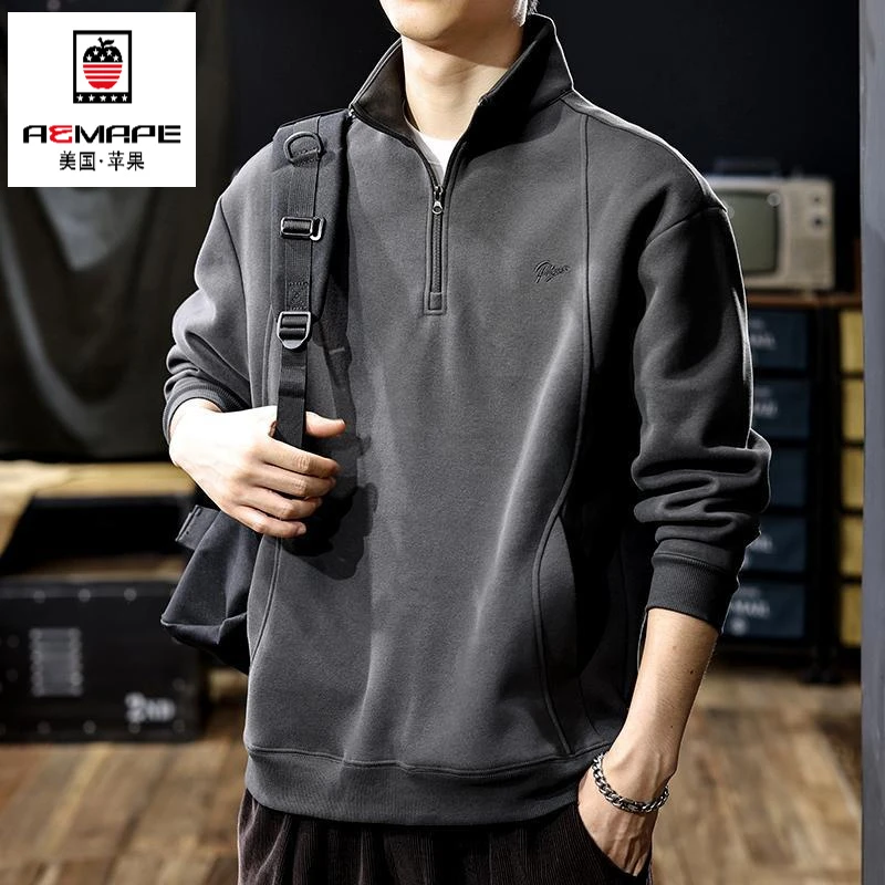 苹果磨毛亲肤美式半拉链立领卫衣男秋冬季加绒复古硬汉保罗polo衫