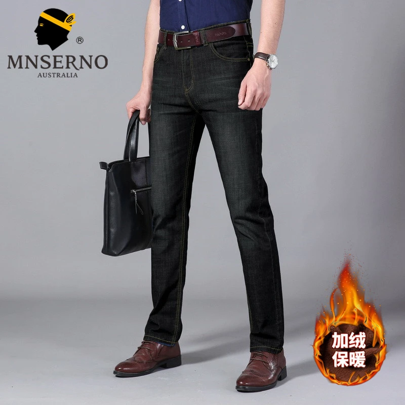 曼西尔奴男士冬季厚款加绒弹力时尚百搭商务休闲保暖牛仔裤125342