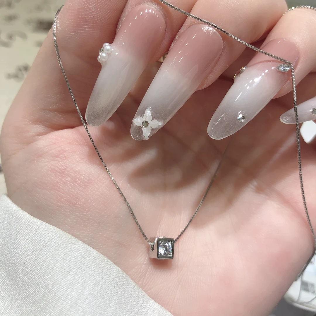 坠链均925银合成锆石 纯银925绝美小方糖套链小众气质百搭叠戴