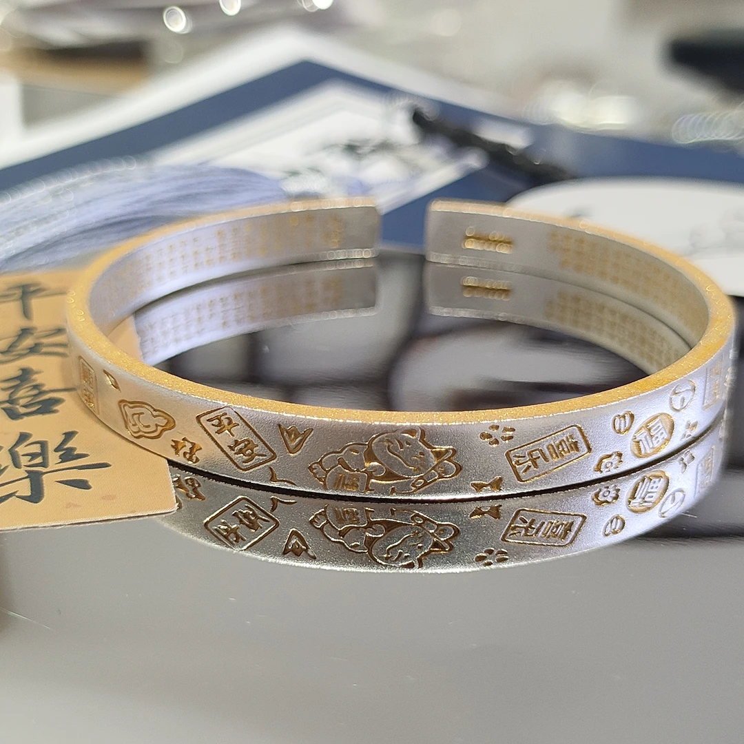足银手镯 吉言描金招财猫平安喜乐国风古法实心手镯足银999.9精美