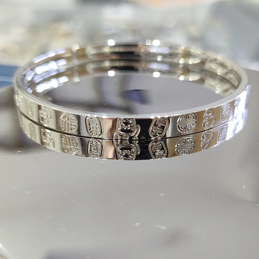 足银手镯 方条招财猫平安吉祥吉言54号亮面实心足银990时尚手镯