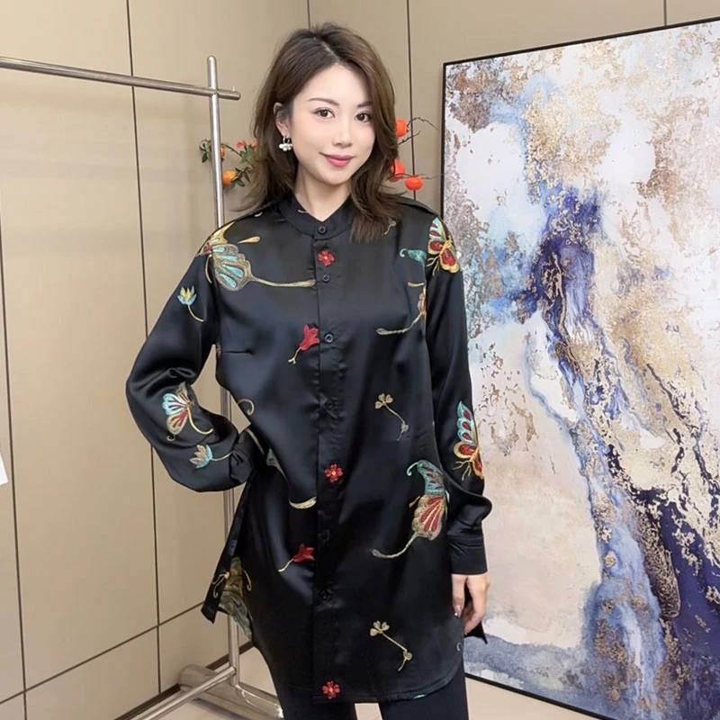 新中式高级感缎面时尚气质刺绣衬衫中长款蝴蝶刺绣衬衣农女6411