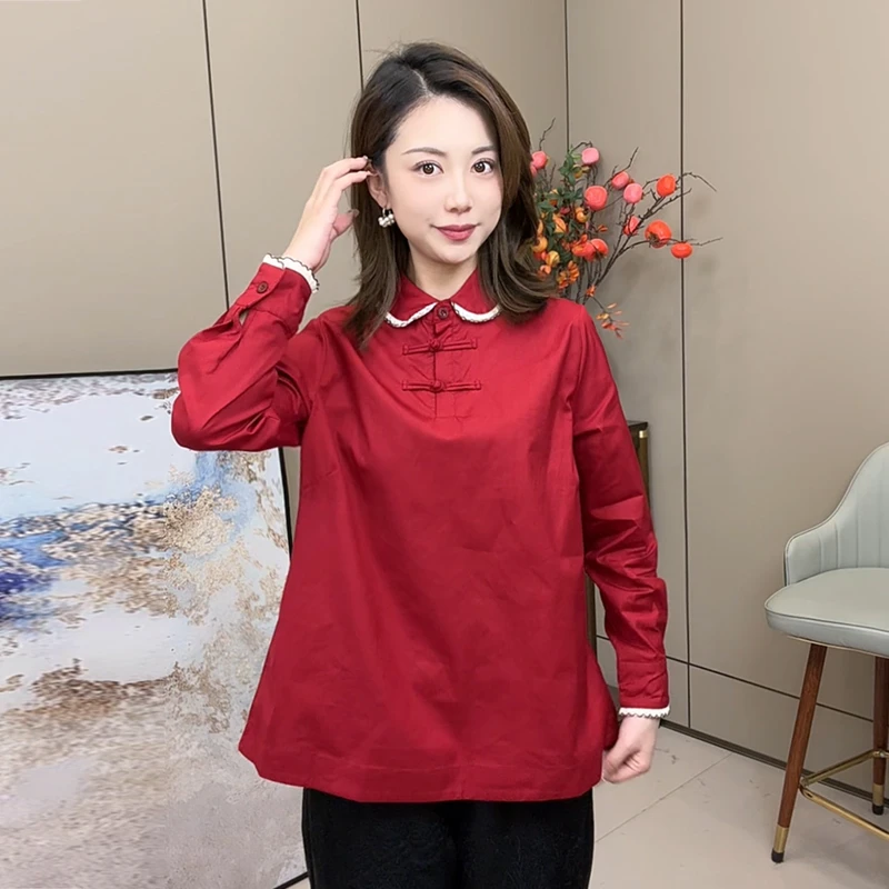 新中式国风女装衬衣2025新款衬衫女盘扣翻领减龄百搭气质上衣6022