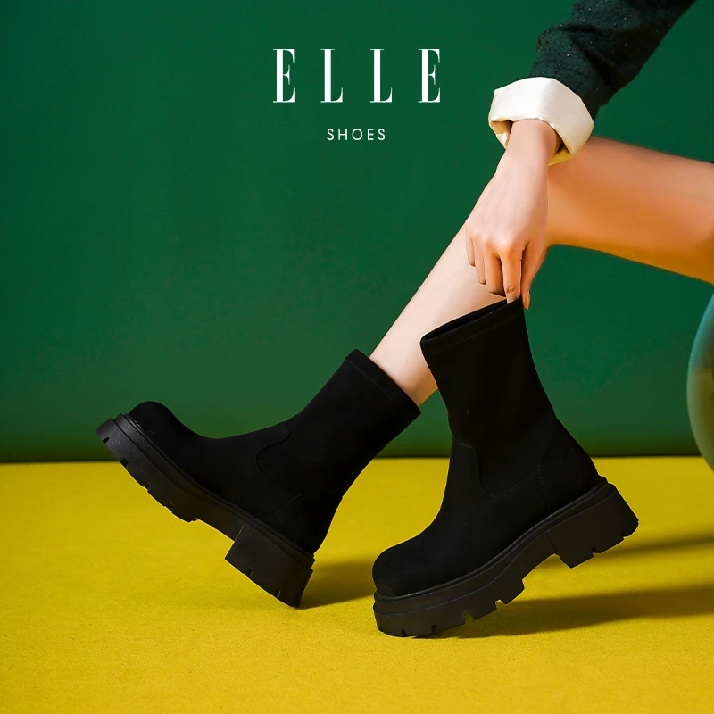ELLE小个子洋气短靴百搭高跟秋冬厚底女款瘦瘦靴高级气质女士靴子