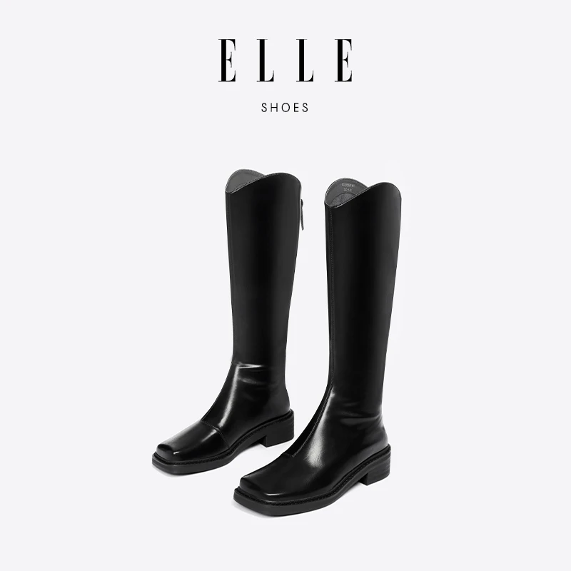ELLE黑色v型长靴女2023爆款洋气150-155小个子靴子长筒靴高筒靴